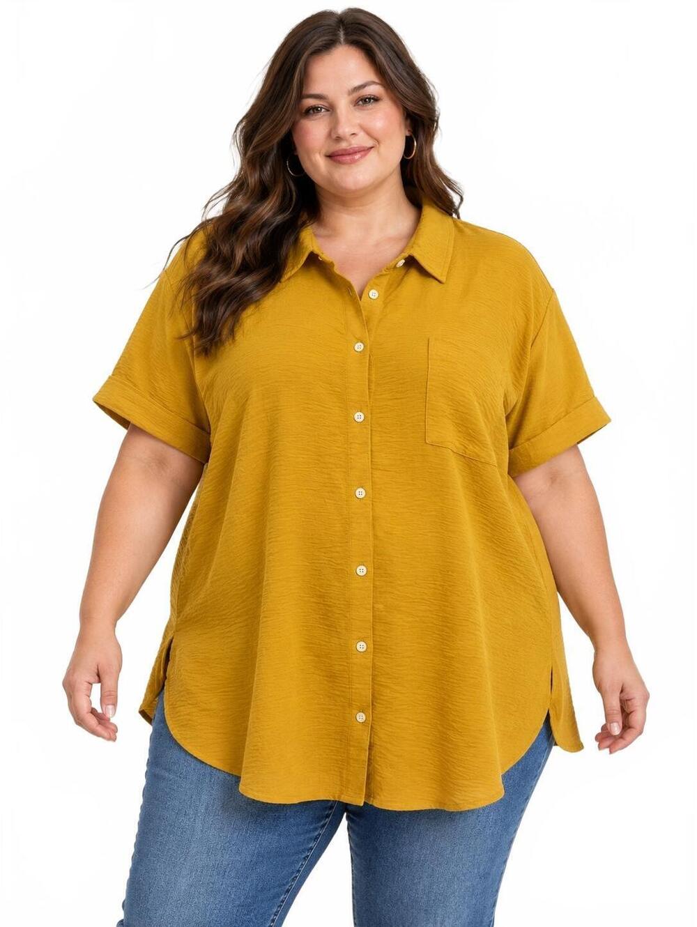 Tommy Hilfiger 3X Mustard Yellow Textured Short Sleeve Button Front Blouse